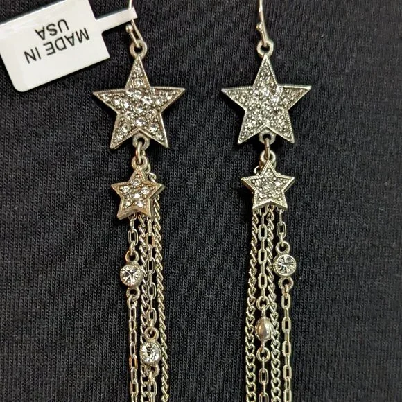 BEN AMUN JEWELRY Crystal Star Dangle Earrings in Silver New - Picture 4 of 9